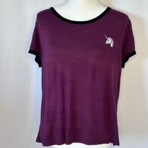 French Pastry Purple Unicorn Embroidered Ringer Tee Women’s XL Made USA
